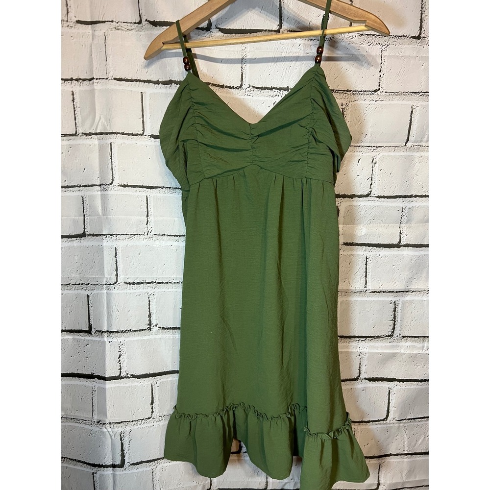 Vintage Almost Famous Olive Green Ruched Mini Dress Wood Bead Straps Size L